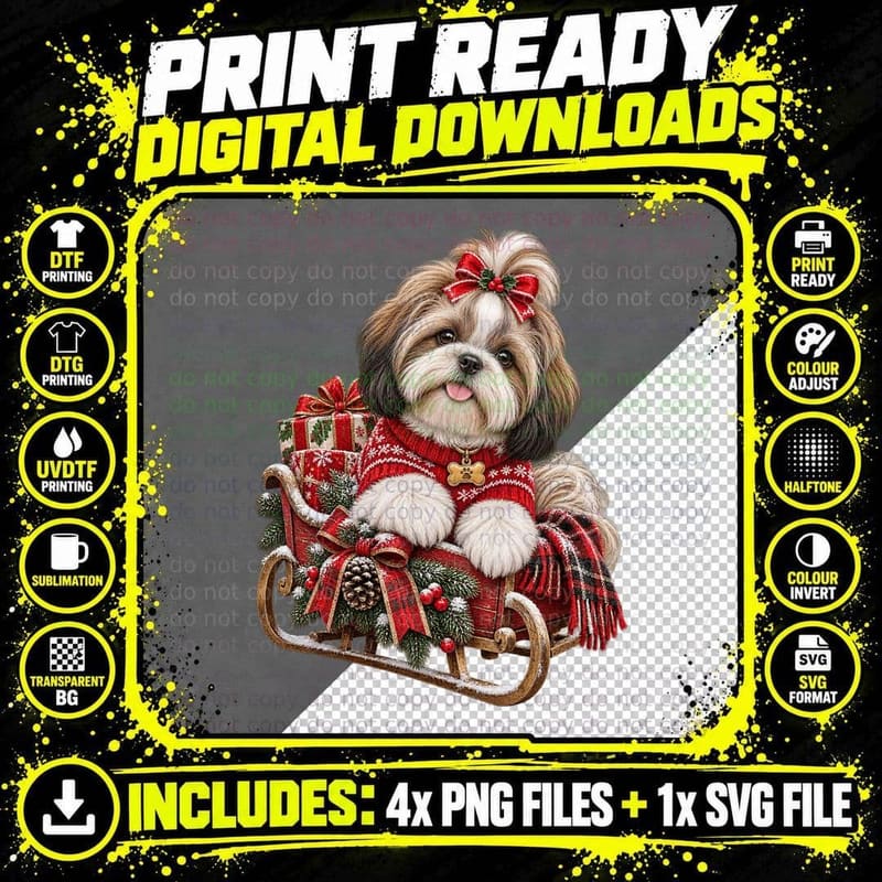 Christmas Shih Tzu Santa Hat Fairy Lights Cute Funny Dog Png SVG Digital Bundle