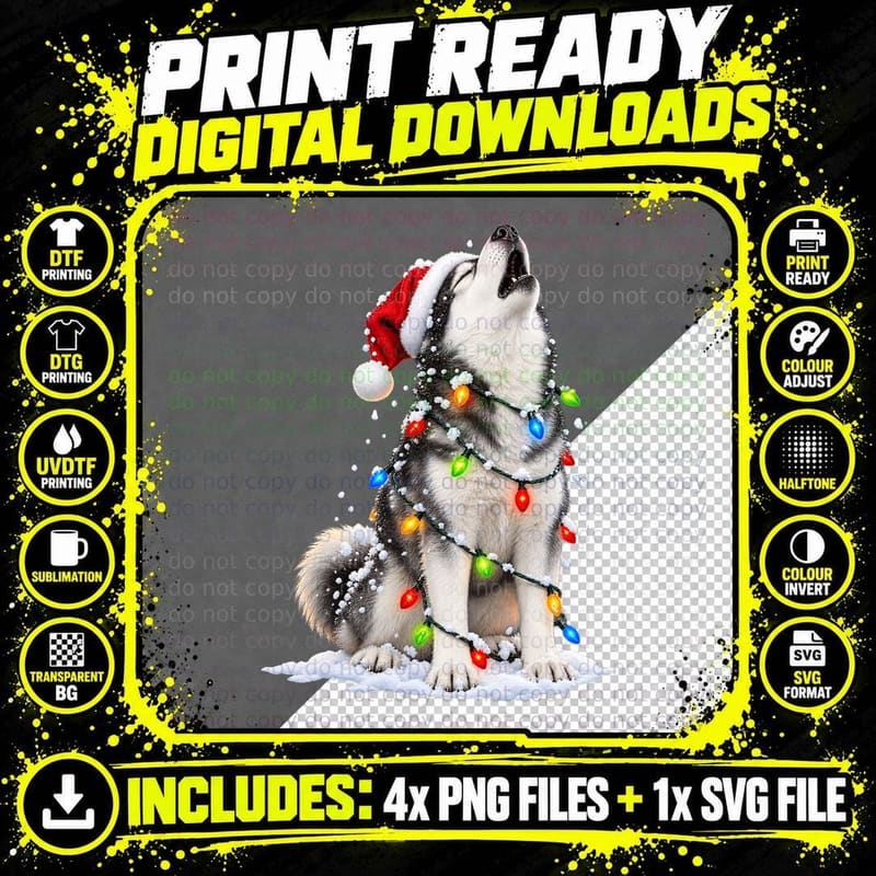 Christmas Siberian Husky Dog Santa Hat Festive Funny Png SVG Digital Bundle