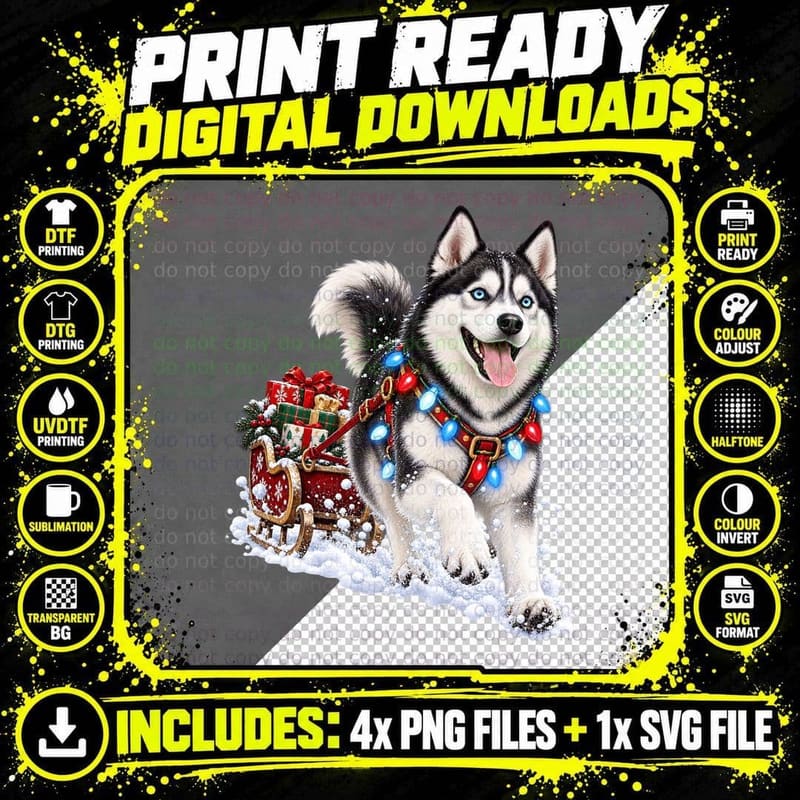 Christmas Siberian Husky Dog Santa Sleigh Holiday Png SVG Digital Bundle