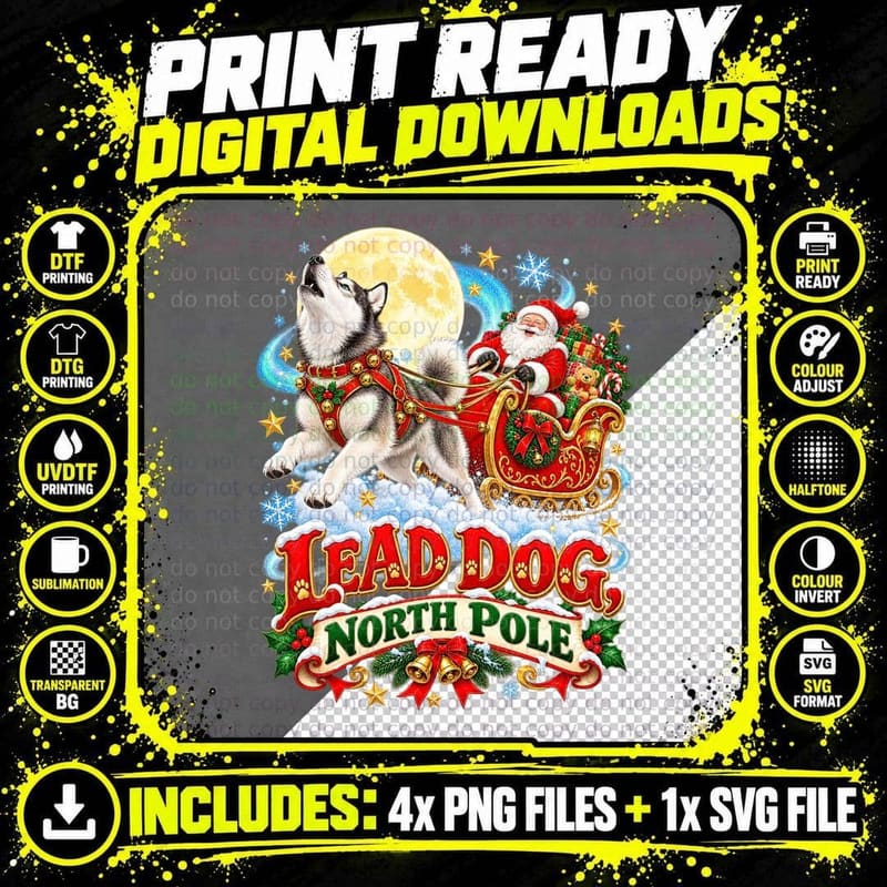 Christmas Siberian Husky Watercolor Santa Sleigh North Png SVG Digital Bundle