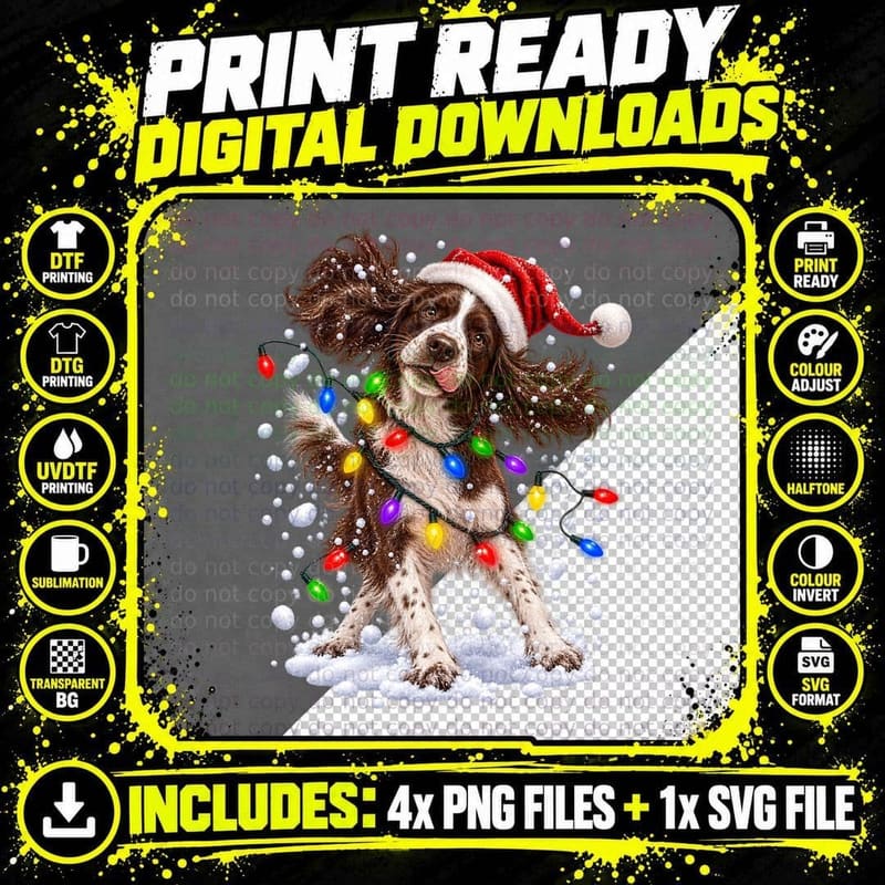 Christmas Springer Spaniel Dog Santa Hat Festive Snow Png SVG Digital Bundle