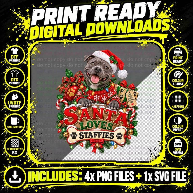 Christmas Staffie Funny Watercolor Elf Staffordshire Png SVG Digital Bundle