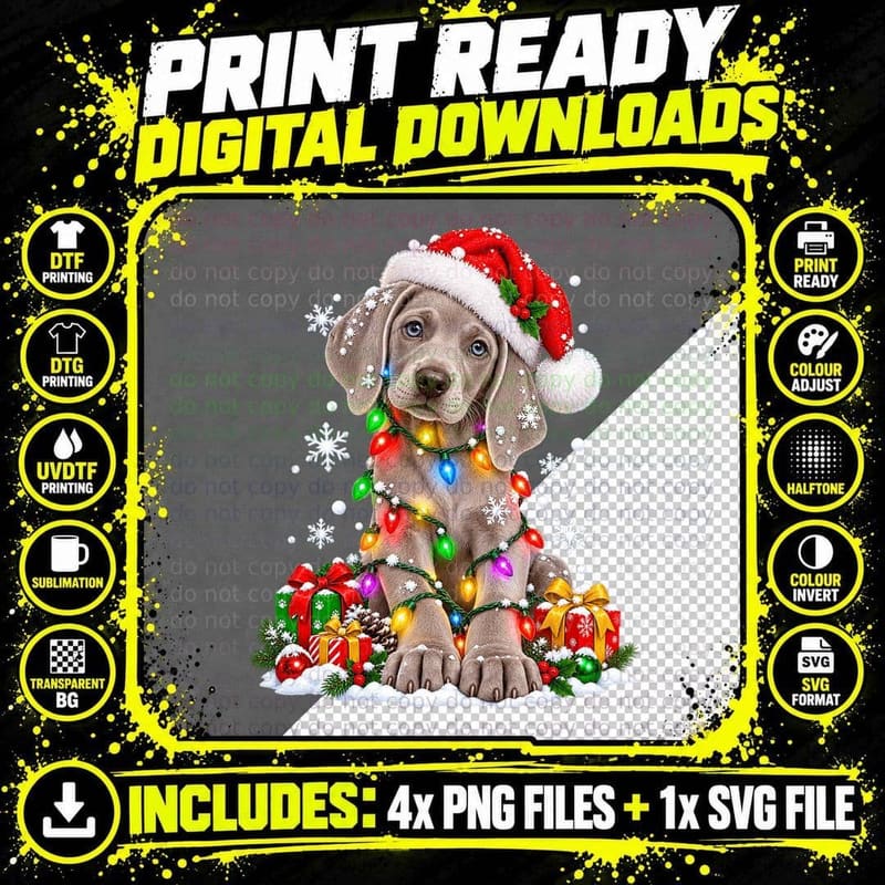 Christmas Weimaraner Puppy Santa Hat Fairy Lights Snow Png SVG Digital Bundle