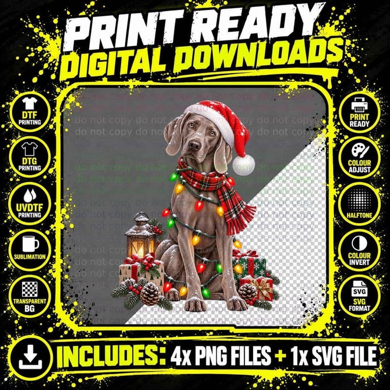 Christmas Weimaraner Santa Hat Fairy Lights Snowy Woods Png SVG Digital Bundle