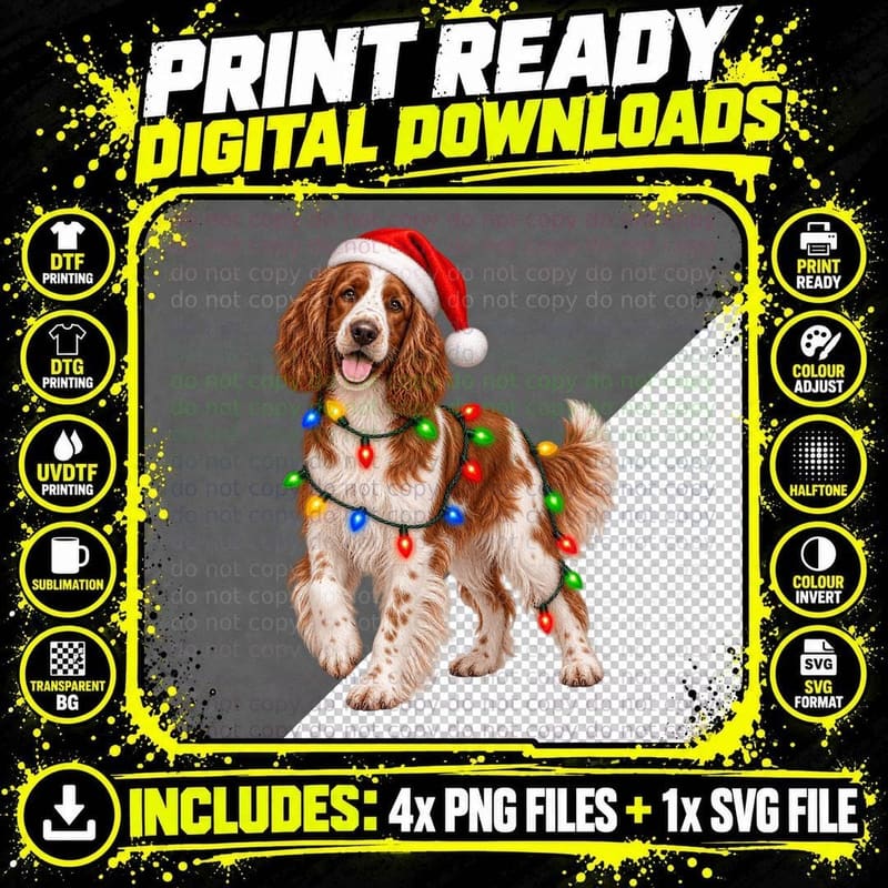 Christmas Welsh Springer Spaniel Santa Hat Fairy Lights Png SVG Digital Bundle