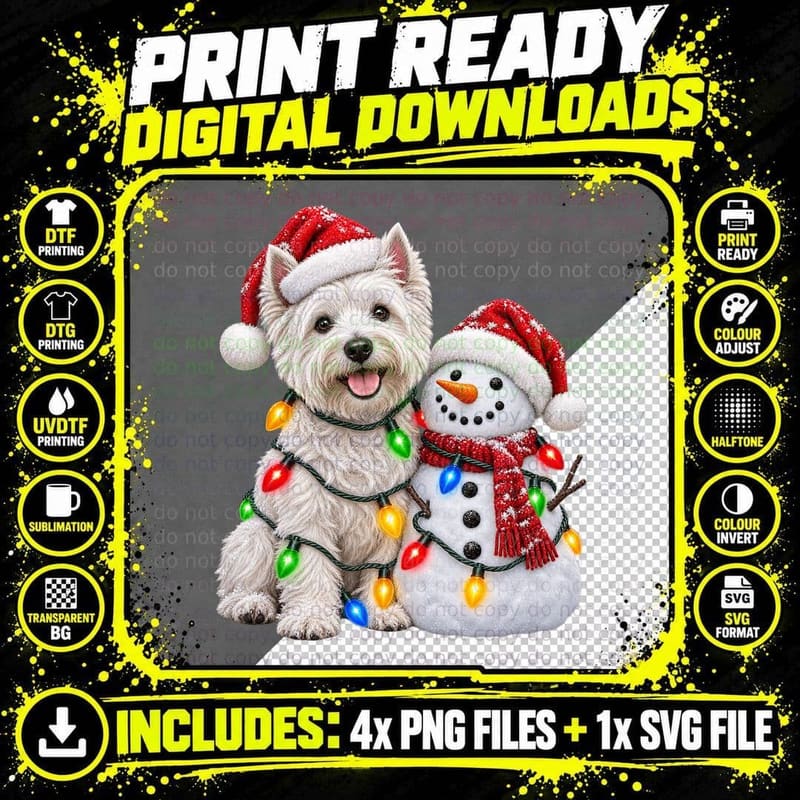 Christmas West Highland Terrier Snowman Santa Hat Fairy Png SVG Digital Bundle