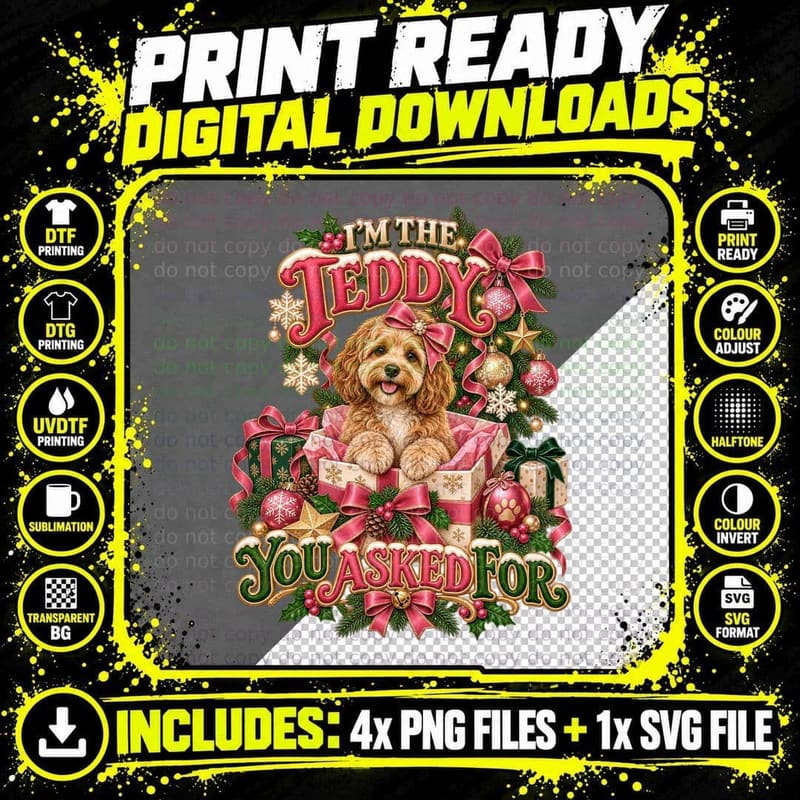 Cockapoo Christmas Teddy Bear Funny Dog Gift Box Holiday Png SVG Digital Bundle