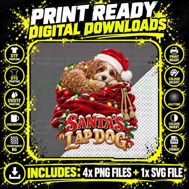 Cute Cavapoo Christmas Dog Santa Sack Fairy Lights Snow Png SVG Digital Bundle
