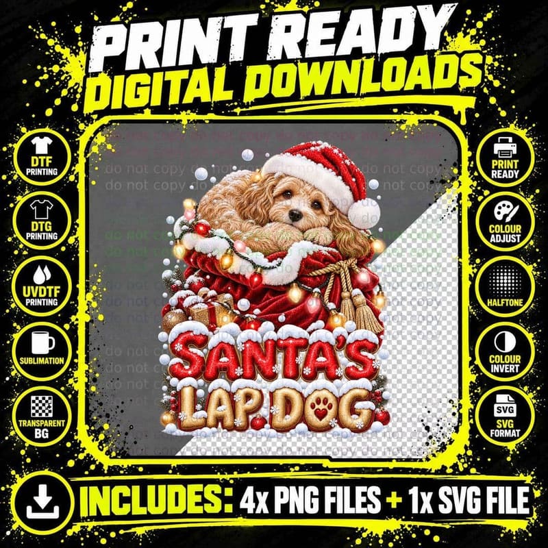 Cute Cavapoo Christmas Dog Santa Sack Fairy Lights Snow Png SVG Digital Bundle