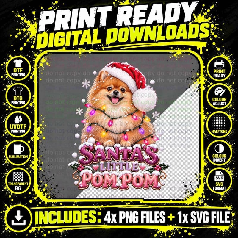 Cute Pomeranian Christmas Dog Santa Pom Pom Fairy Lights Png SVG Digital Bundle