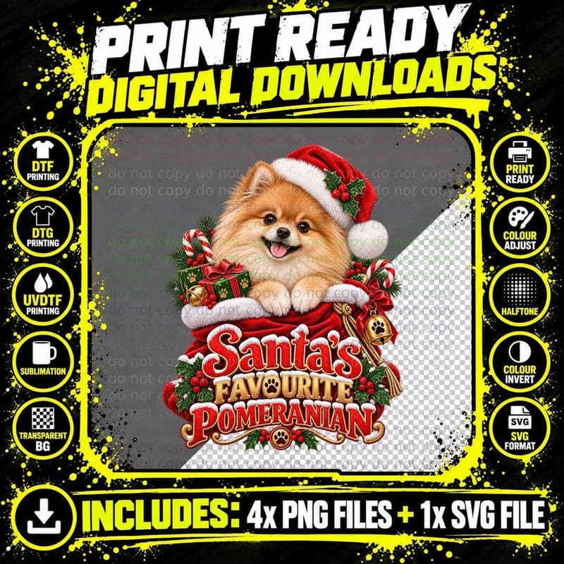 Cute Pomeranian Christmas Dog Santa Pom Pom Fairy Lights Png SVG Digital Bundle