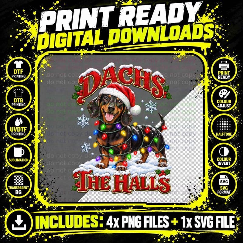 Dachshund Christmas Dachs The Halls Funny Sausage Dog Png SVG Digital Bundle