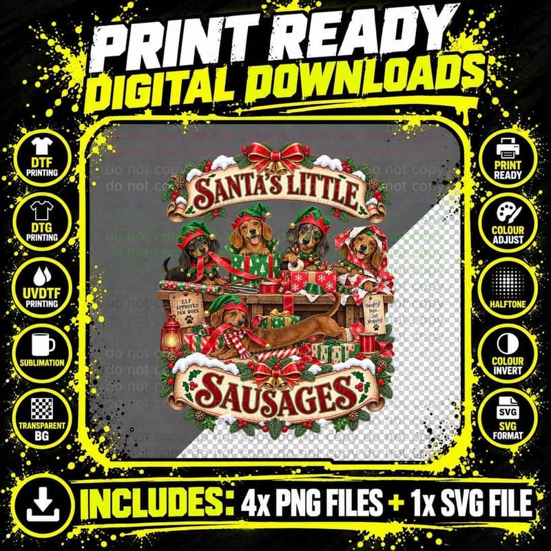 Dachshund Christmas Santa Little Sausages Funny Elf Png SVG Digital Bundle