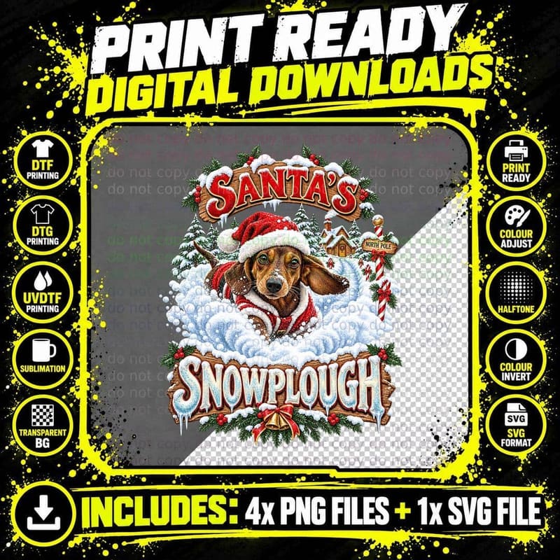 Santa's Snowplough Dachshund Christmas Ploughing Snow Funny Sausage Dog T-Shirt Png SVG Digital Bundle