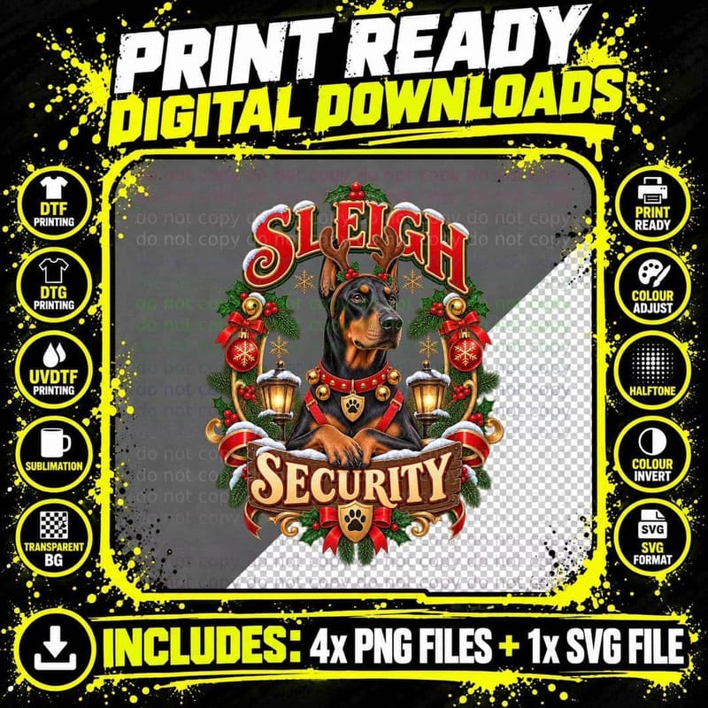 Doberman Christmas Sleigh Security Reindeer Dog Holiday Png SVG Digital Bundle