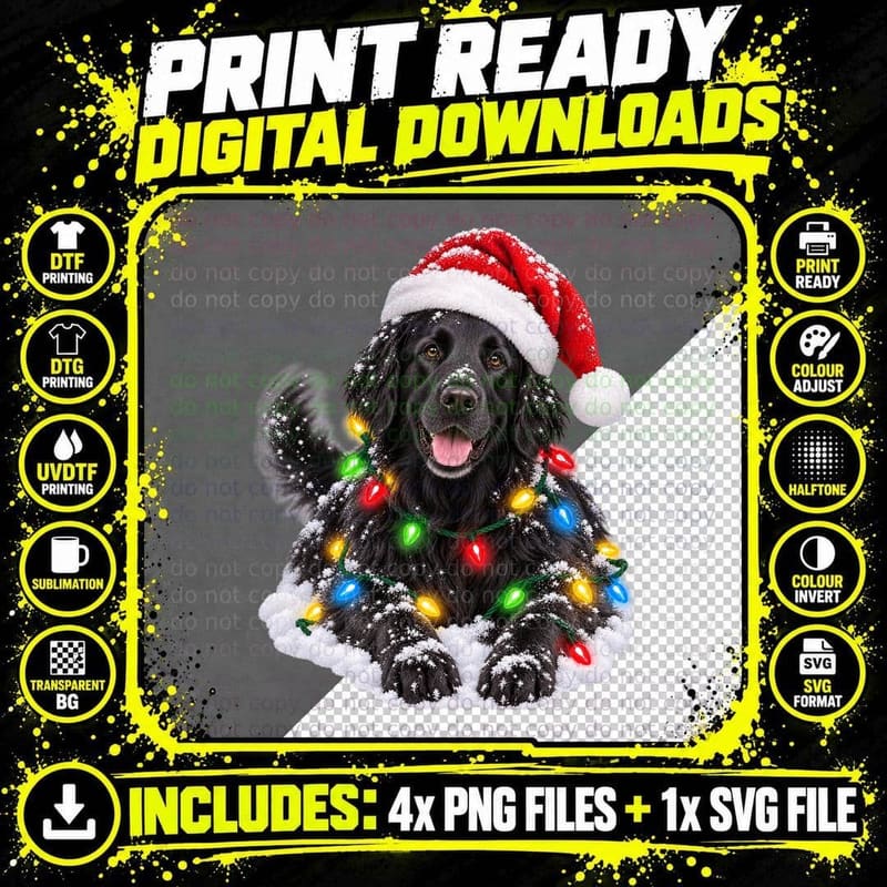 Flat Coated Retriever Christmas Fairy Lights Santa Hat Png SVG Digital Bundle
