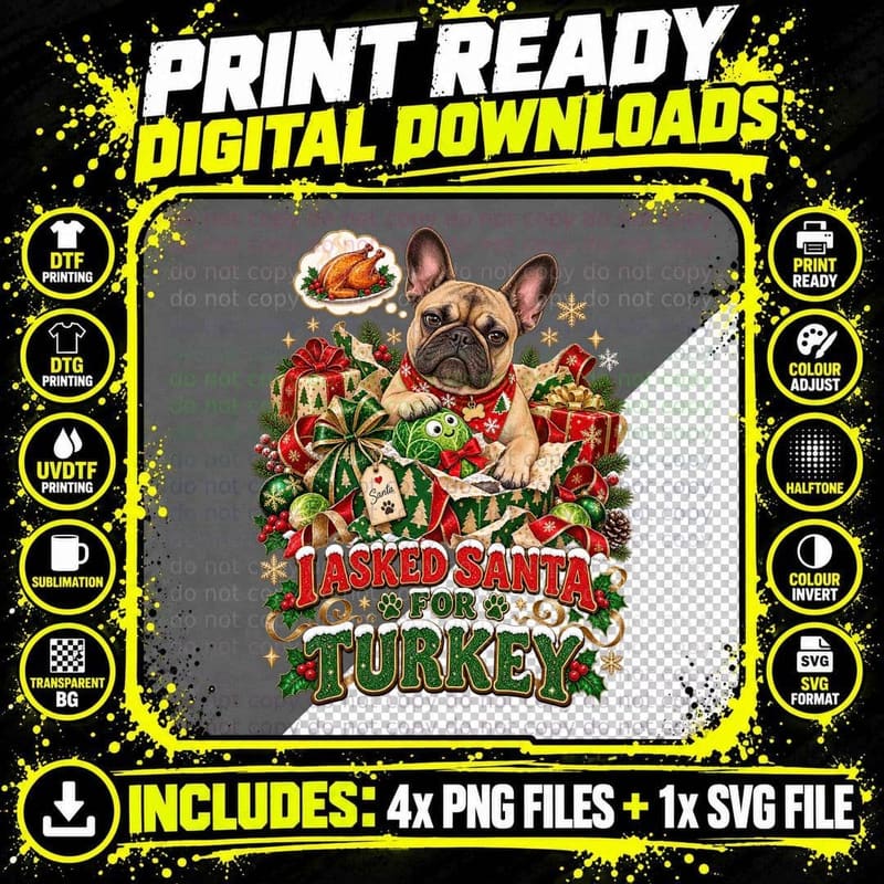 French Bulldog Christmas Turkey Dog Lover Festive Retro Png SVG Digital Bundle