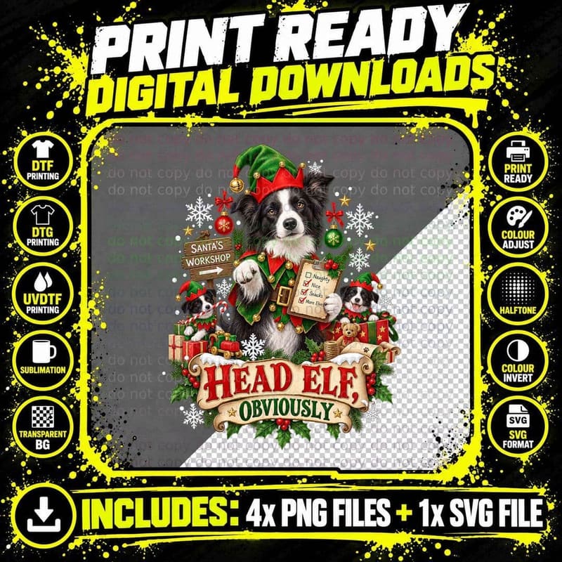 Funny Border Collie Head Elf Dog Christmas Holiday Png SVG Digital Bundle