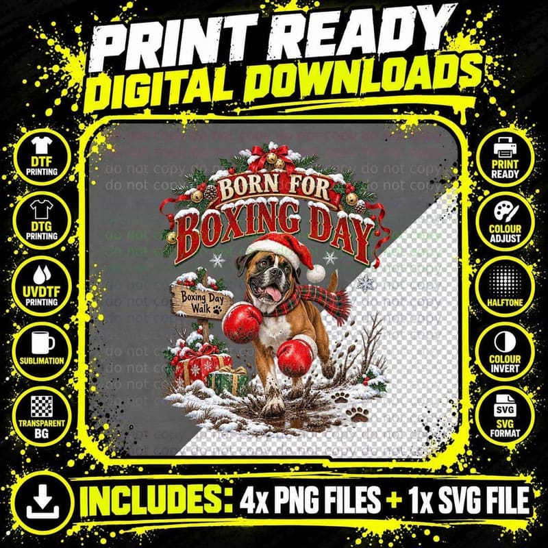 Funny Boxer Christmas Dog Vintage Boxing Day Holiday Png SVG Digital Bundle