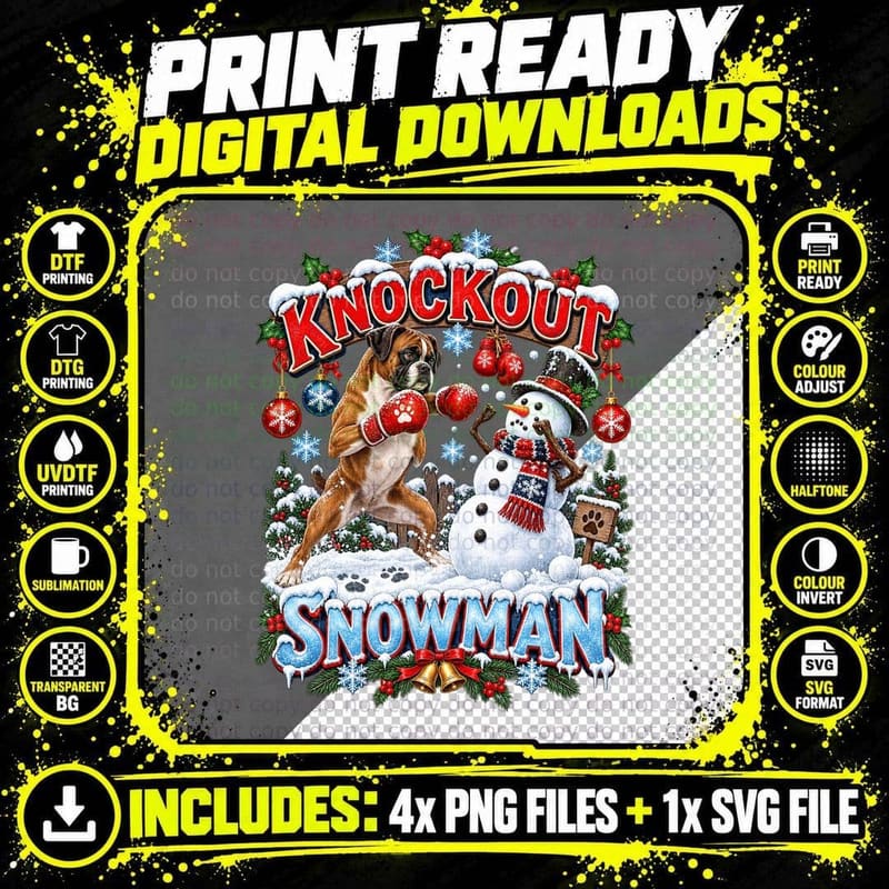 Funny Boxer Christmas Knockout Snowman Dog Lover Holiday Png SVG Digital Bundle