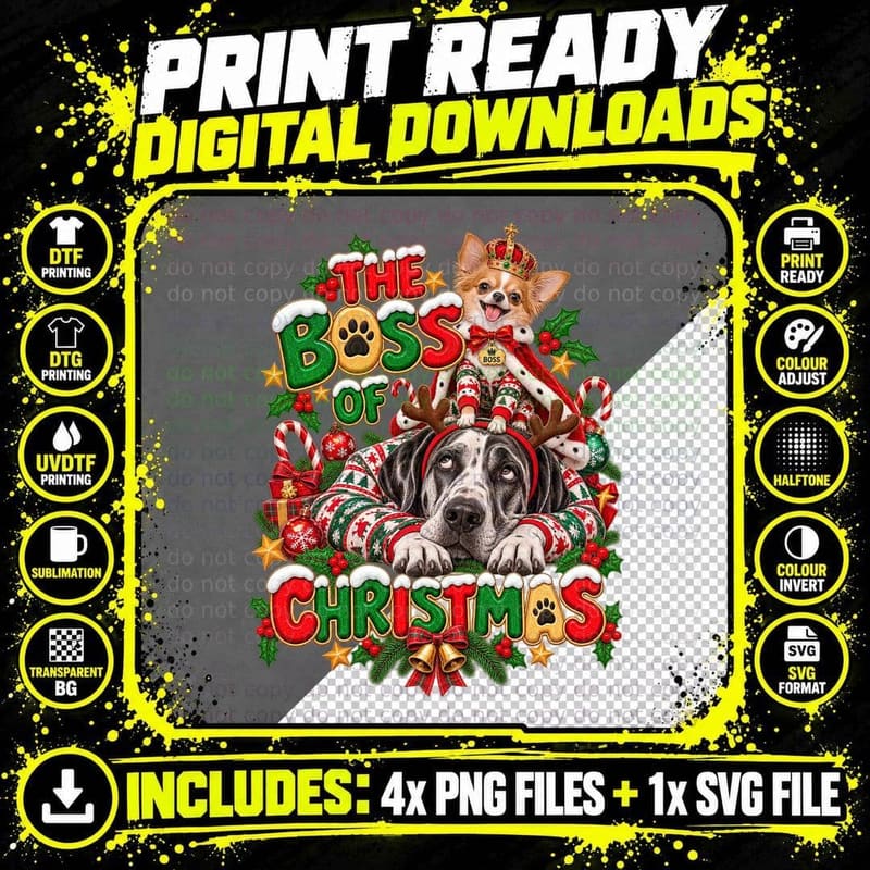 Funny Chihuahua Christmas Boss Great Dane Matching Png SVG Digital Bundle