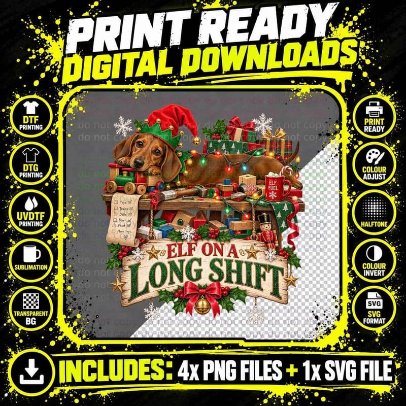 Elf On A Long Shift Dachshund Christmas Toy Workshop Funny Sausage Dog T-Shirt Png SVG Digital Bundle