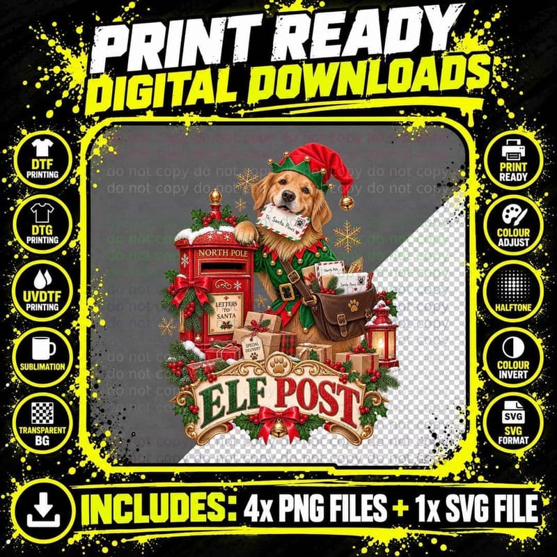 Elf Post Golden Retriever Christmas Letters To Santa North Pole Postbox T-Shirt Png SVG Digital Bundle