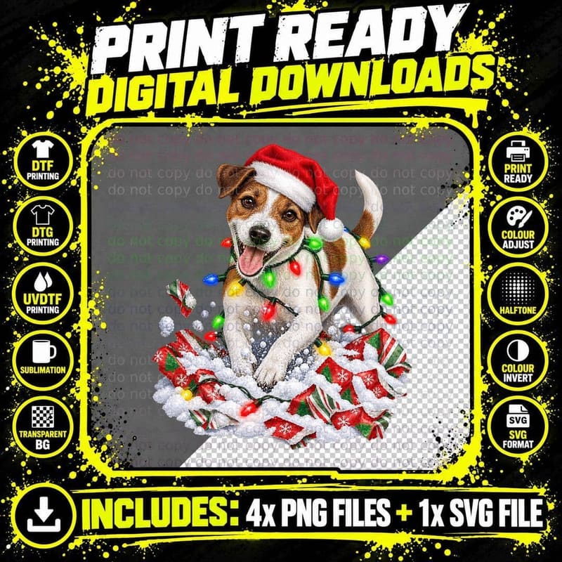 Funny Christmas Jack Russell Dog Santa Lights Holiday Png SVG Digital Bundle