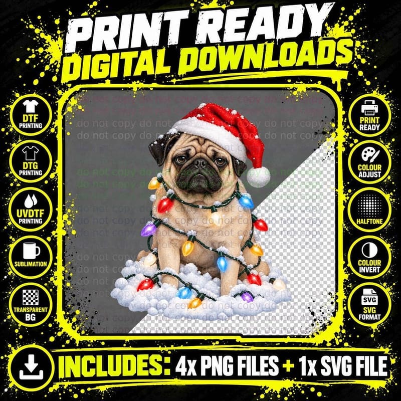 Funny Christmas Pug Dog Santa Holiday Snow Cute Festive Png SVG Digital Bundle