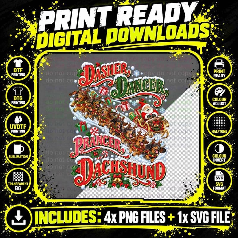 Funny Dachshund Christmas Dog Dasher Dancer Prancer Png SVG Digital Bundle