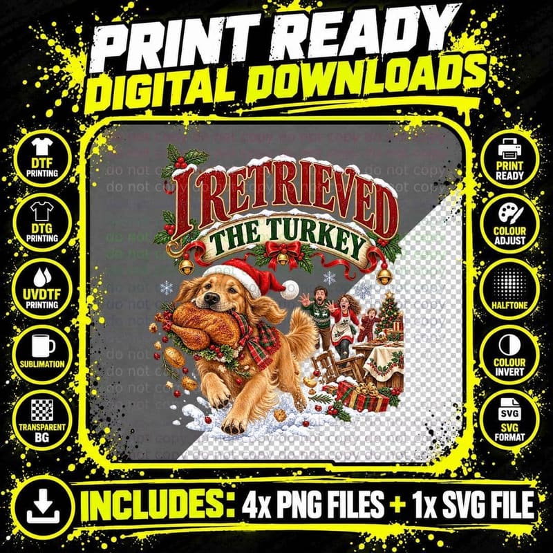 Funny Golden Retriever Christmas Turkey Vintage Holiday Png SVG Digital Bundle