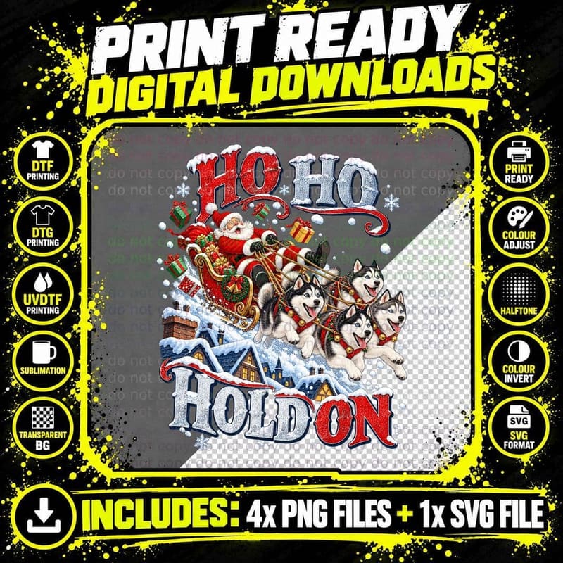 Funny Husky Christmas Dog Ho Ho Hold On Vintage Santa Png SVG Digital Bundle