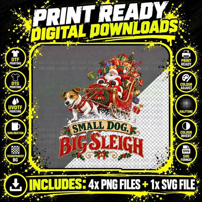 Funny Jack Russell Christmas Dog Small Dog Big Sleigh Png SVG Digital Bundle