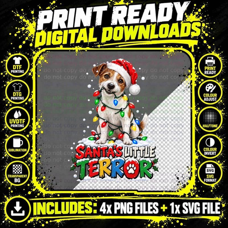 Santa's Little Terror Jack Russell Christmas Chewing Fairy Lights Dog T-Shirt Png SVG Digital Bundle