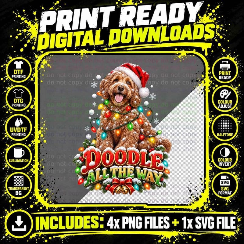 Funny Labradoodle Christmas Dog Santa Hat Fairy Lights Png SVG Digital Bundle