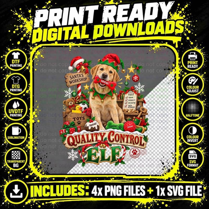Funny Labrador Christmas Quality Control Elf Retro Png SVG Digital Bundle