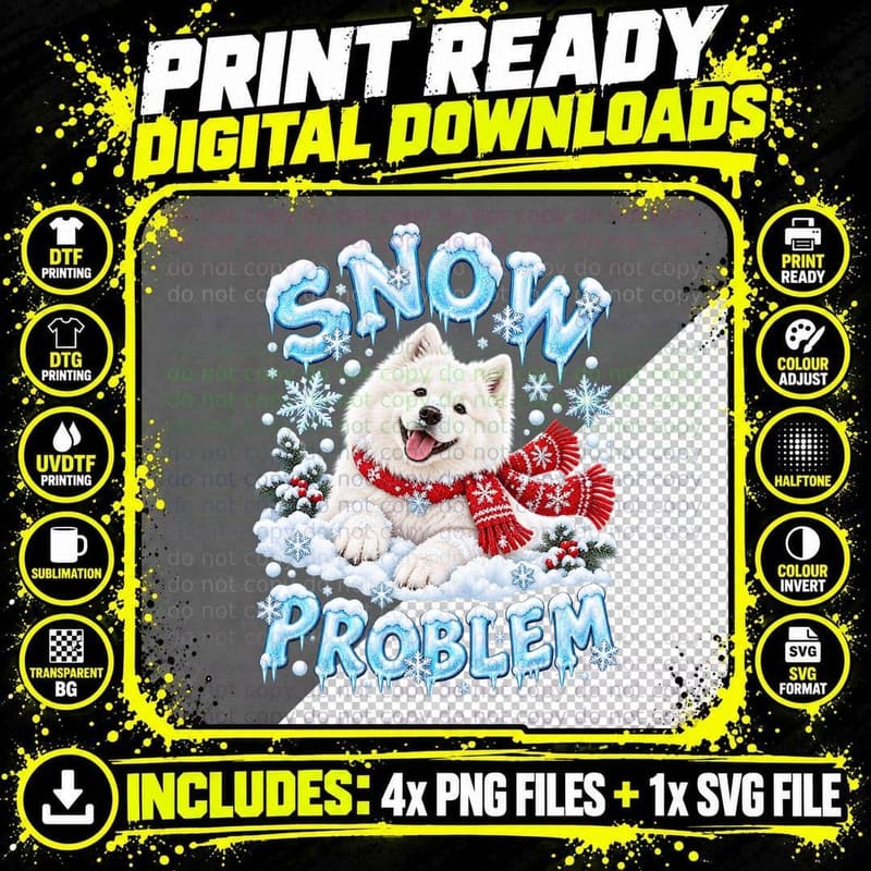 Snow Problem Samoyed Christmas Fluffy White Dog Red Knitted Scarf Pun T-Shirt Png SVG Digital Bundle