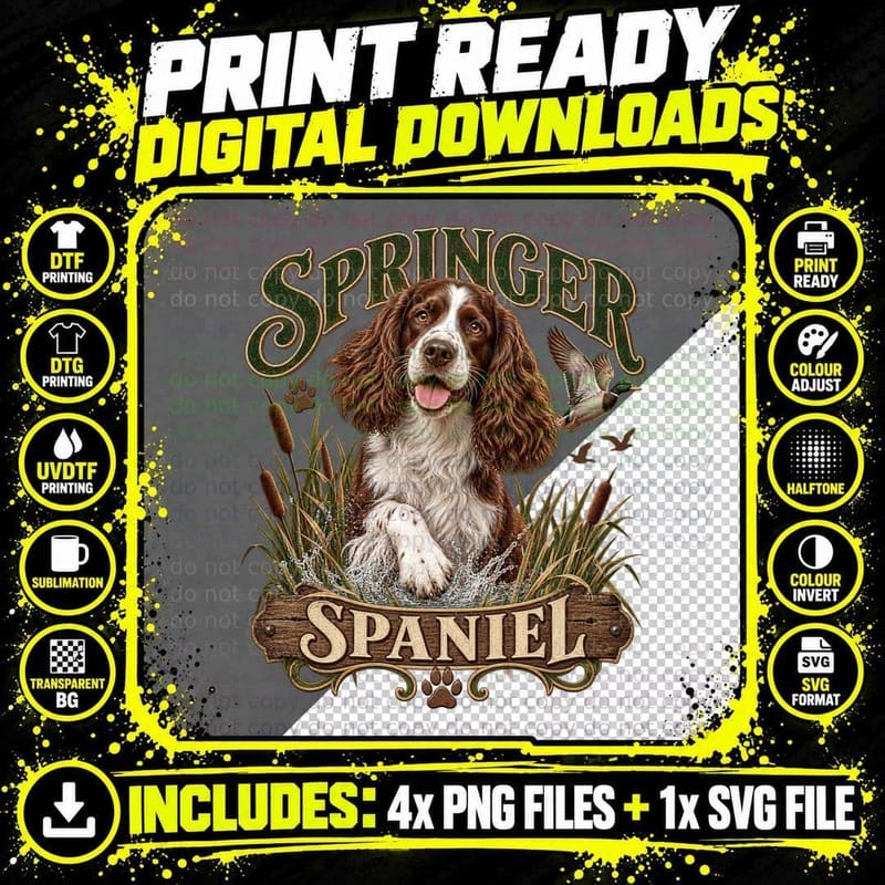 Springer Spaniel Gundog Duck Hunting Marsh Bulrushes Flying Mallard T-Shirt Png SVG Digital Bundle