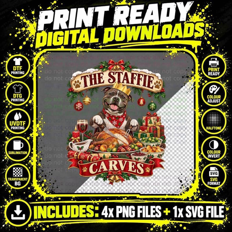 Funny Staffie Christmas Dog Turkey Carving Staffordshire Png SVG Digital Bundle