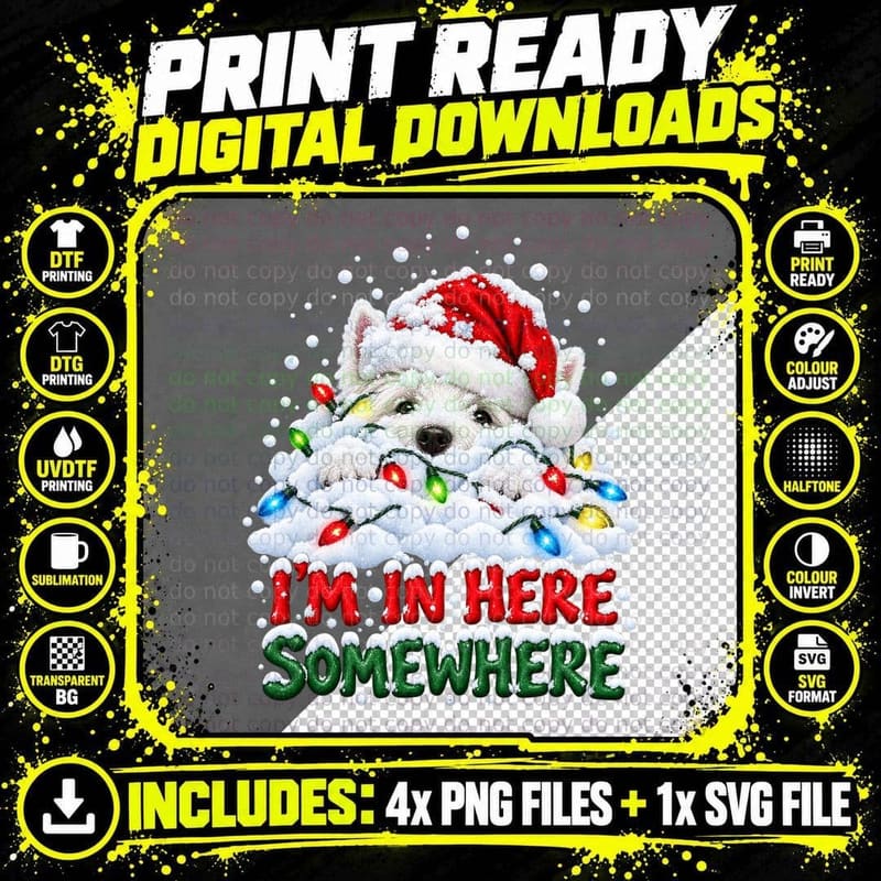 Funny Westie Christmas Dog Santa Hat Fairy Lights Snow Png SVG Digital Bundle