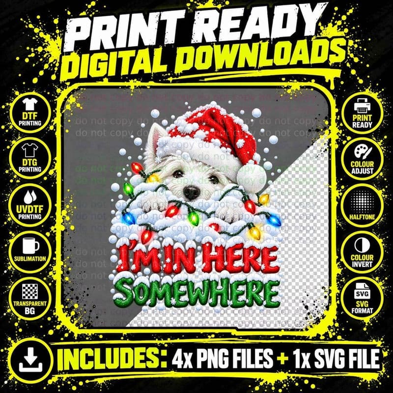 Funny Westie Christmas Dog Santa Hat Fairy Lights Snow Png SVG Digital Bundle