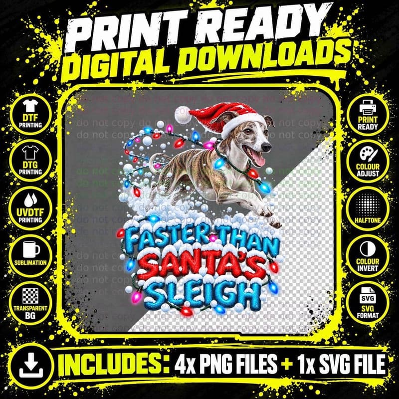 Funny Whippet Christmas Dog Santa Sleigh Fairy Lights Png SVG Digital Bundle