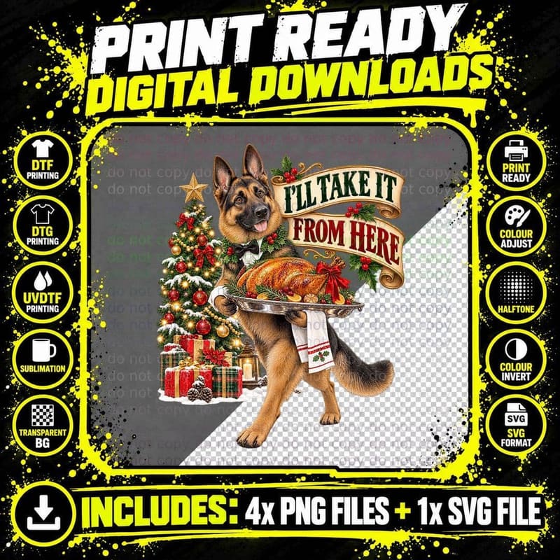 German Shepherd Christmas Turkey Butler Funny Holiday Png SVG Digital Bundle