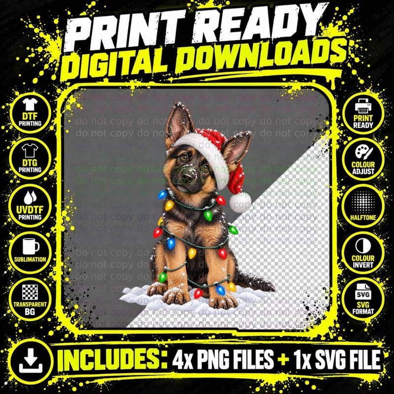 German Shepherd Puppy Christmas Dog Vintage Painted Png SVG Digital Bundle
