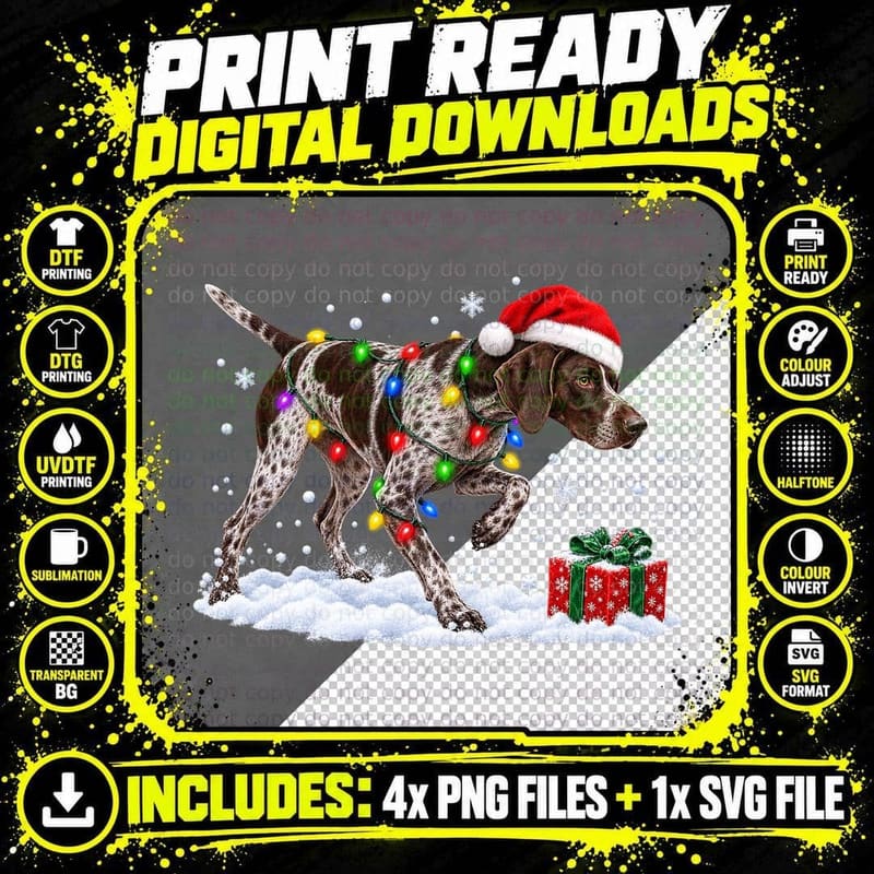 German Shorthaired Pointer Christmas Dog Santa Hat Snow Png SVG Digital Bundle