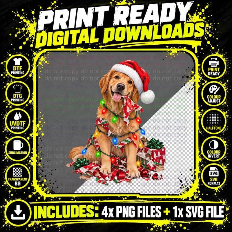 Golden Retriever Christmas Dog Santa Holiday Funny Png SVG Digital Bundle