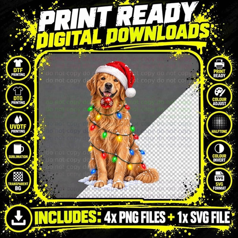 Golden Retriever Christmas Dog Vintage Painted Holiday Png SVG Digital Bundle