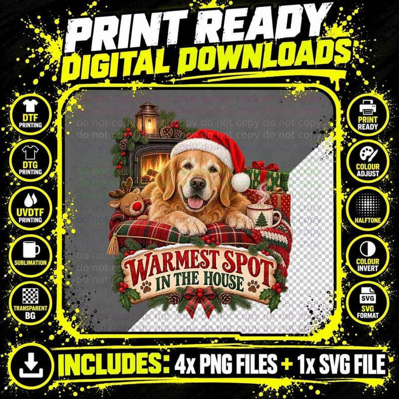 Golden Retriever Christmas Fireside Watercolor Holiday Png SVG Digital Bundle