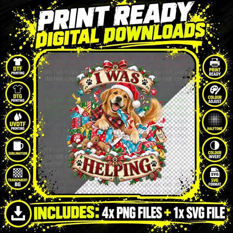 Golden Retriever Christmas I Was Helping Presents Funny Png SVG Digital Bundle