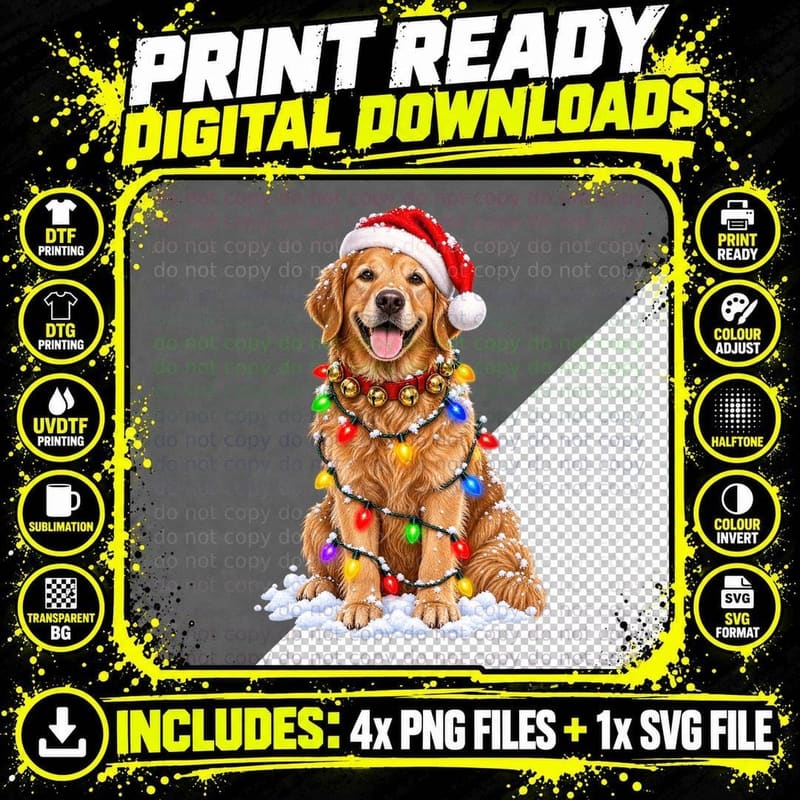 Golden Retriever Christmas Santa Hat Fairy Lights Jingle Png SVG Digital Bundle